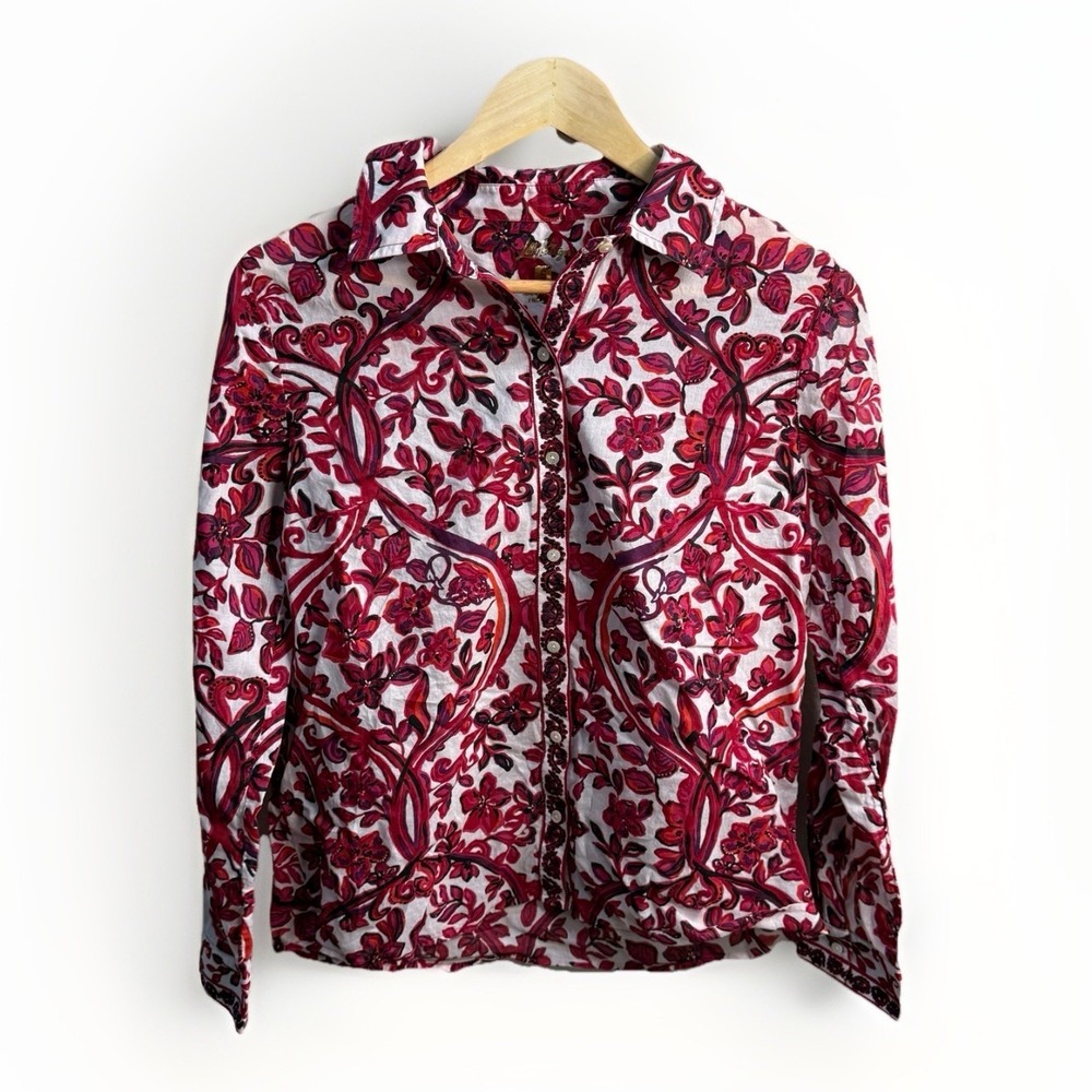 Lilly Pulitzer White and Burgundy Floral Button-Down Shirt